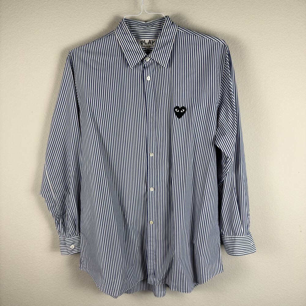 Comme des Garcons PLAY Black Heart Striped Button Down Shirt Navy White Size XL